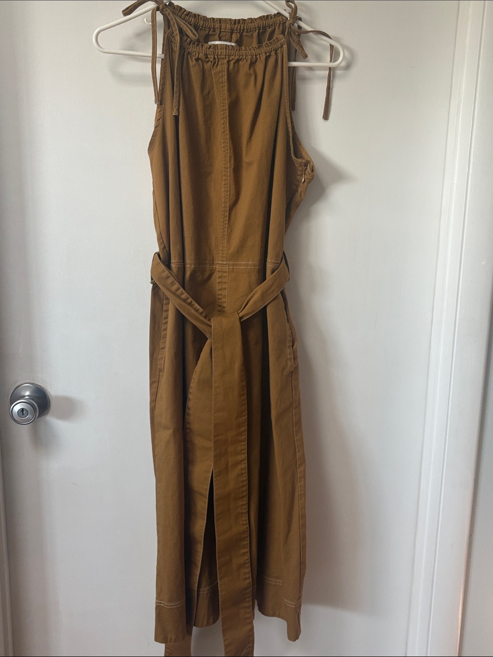 Sleeveless Midi Utility Dress in Camel w/Pockets; 100% Cotton